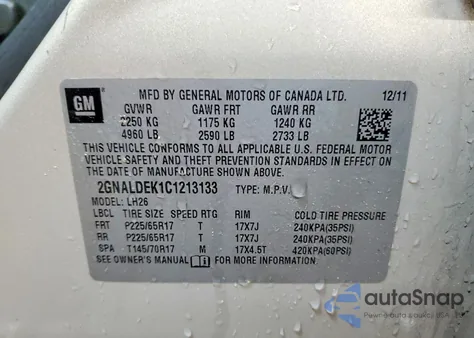 2012 Chevrolet Equinox Lt из США, поврежденный, VIN 2GNALDEK1C1213133